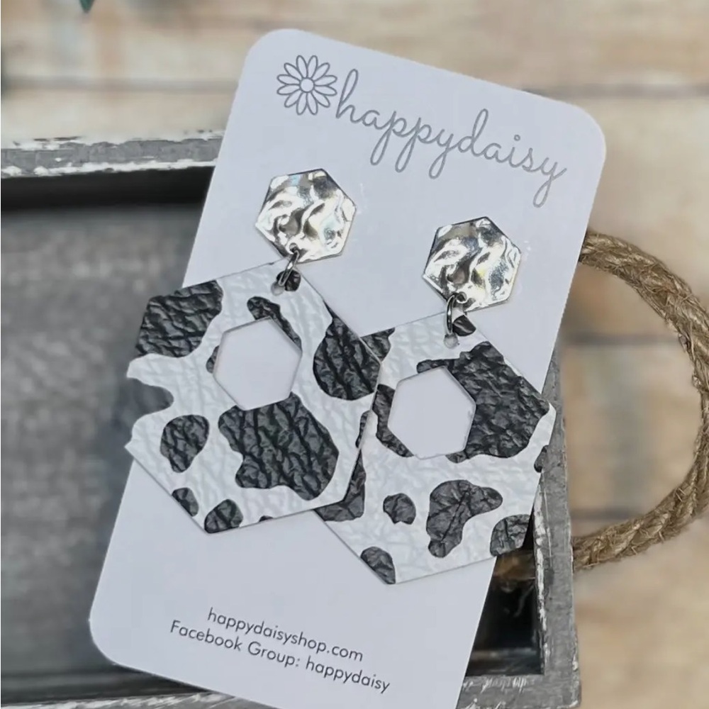 Cow Print Geometric Hexagon Black and White Leather Earrings
